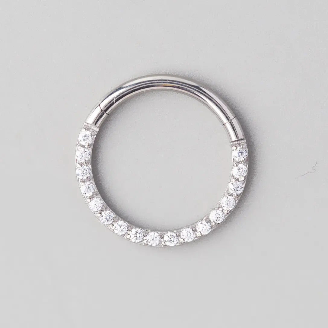 Hinged Segment Ring Front Face Clear CZ in Silver - Titanium - Camden Body Jewellery