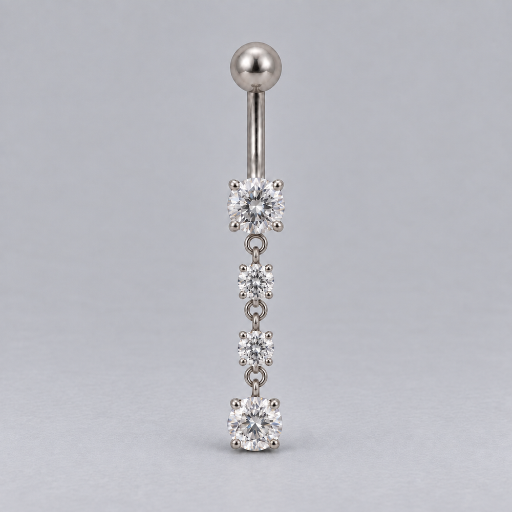Prong Set Belly Bar Triple CZ Dangle in Silver - Titanium
