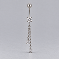Prong Set Belly Bar Double Chain CZ Dangle in Silver - Titanium
