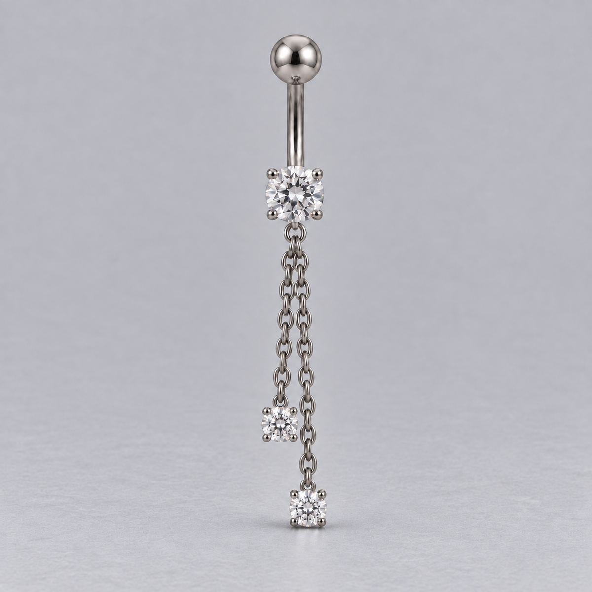 Prong Set Belly Bar Double Chain CZ Dangle in Silver - Titanium