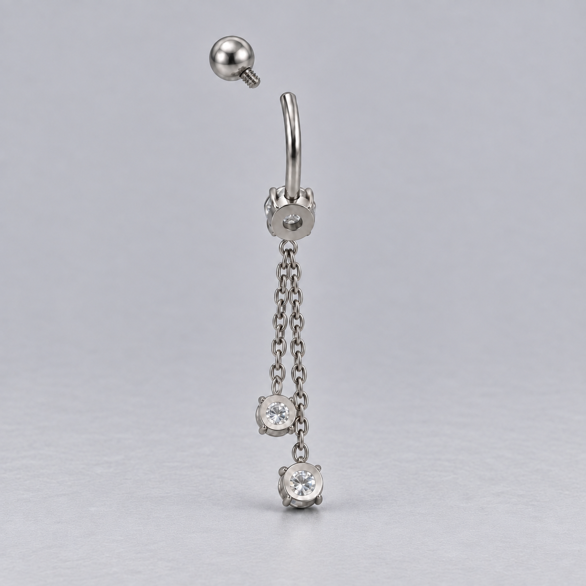 Prong Set Belly Bar Double Chain CZ Dangle in Silver - Titanium