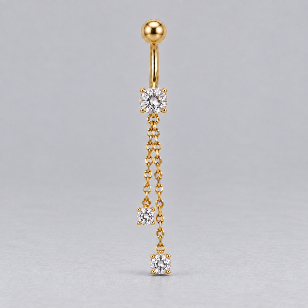 Prong Set Belly Bar Double Chain CZ Dangle in Gold - Titanium