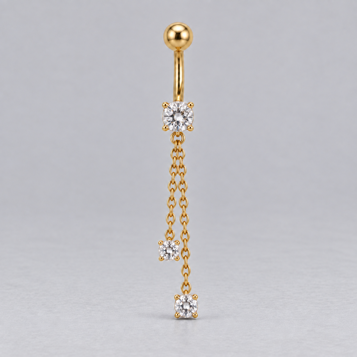 Prong Set Belly Bar Double Chain CZ Dangle in Gold - Titanium