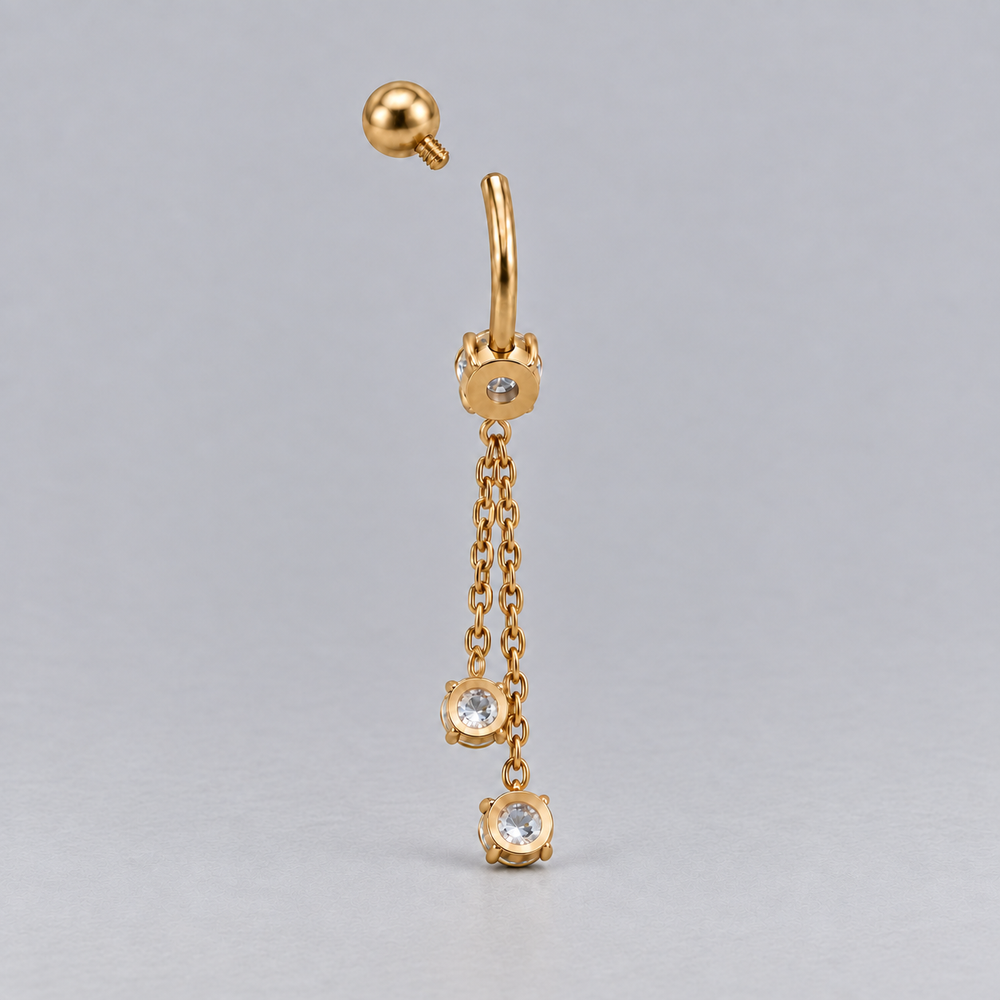 Prong Set Belly Bar Double Chain CZ Dangle in Gold - Titanium