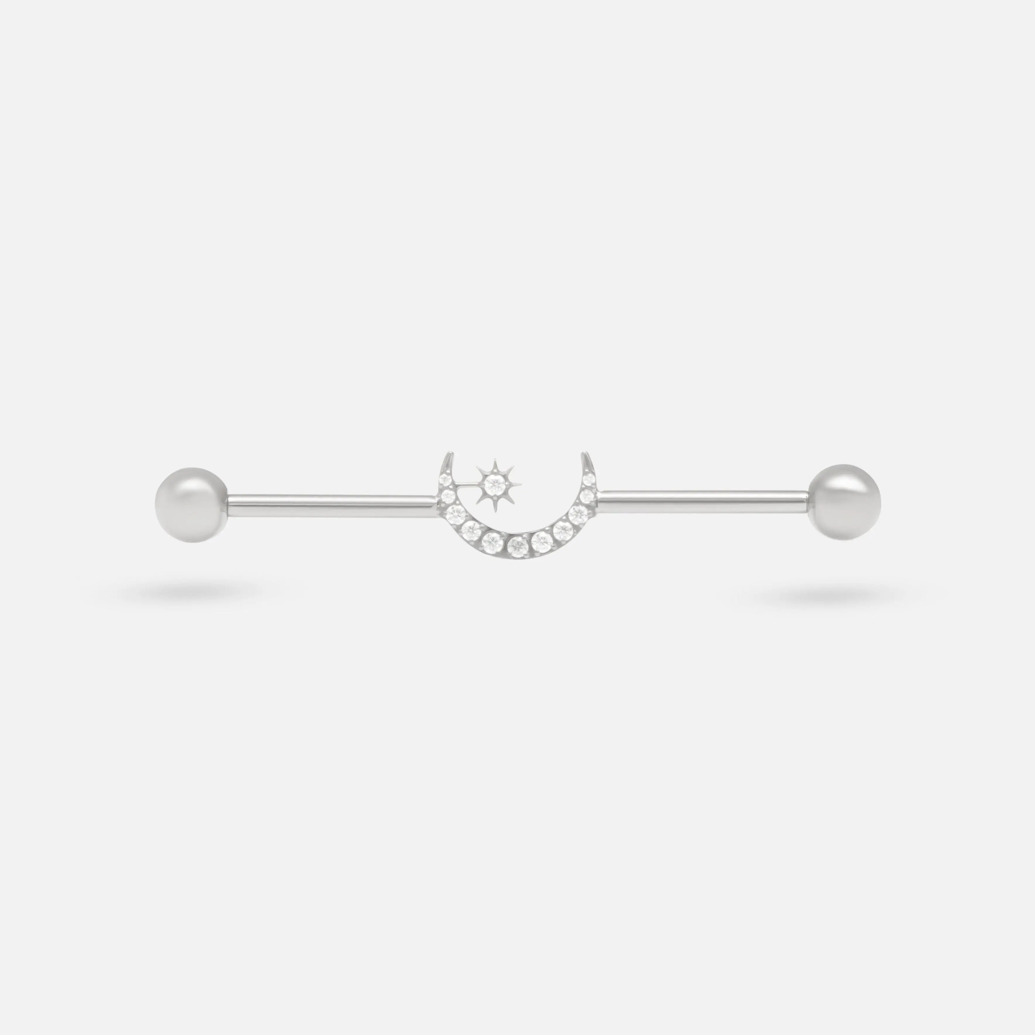 Crescent Paved CZ Industrial Bar in Silver - Camden Body Jewellery