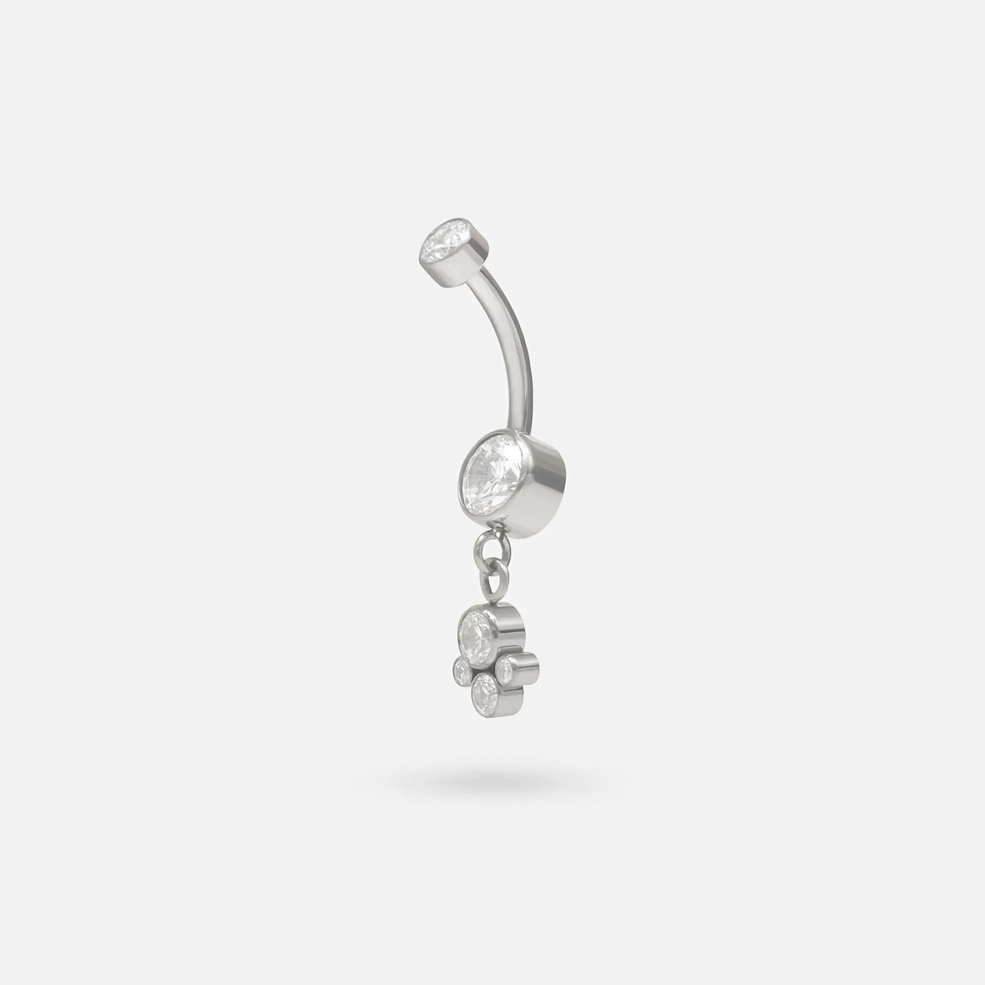 Bezel Set CZ with 4 CZ Hang Belly Bar - Titanium - Camden Body Jewellery