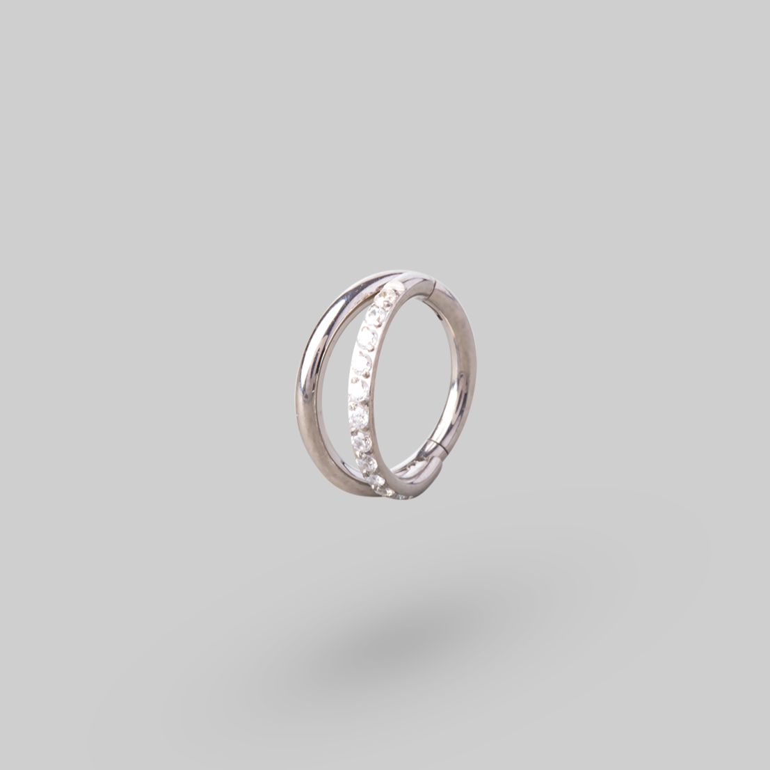 Hinged Segment Ring Double Stack Single CZ Faced in Silver - Titanium - Camden Body Jewellery