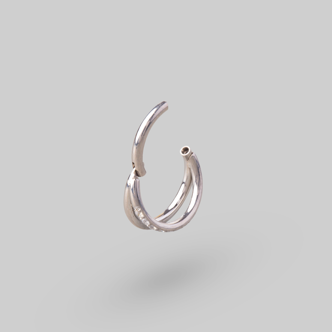 Hinged Segment Ring Double Stack Single CZ Faced in Silver - Titanium - Camden Body Jewellery