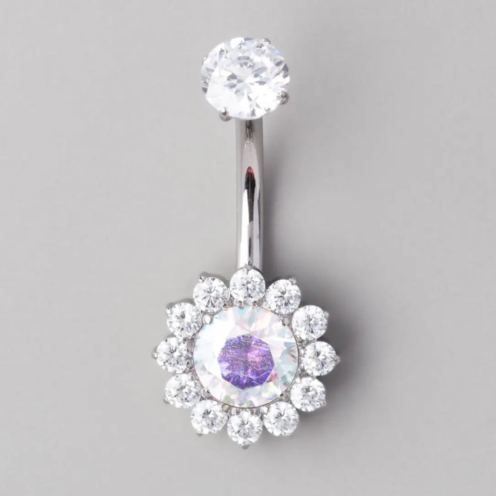 Flower Belly Bar with AB CZ Top - Titanium