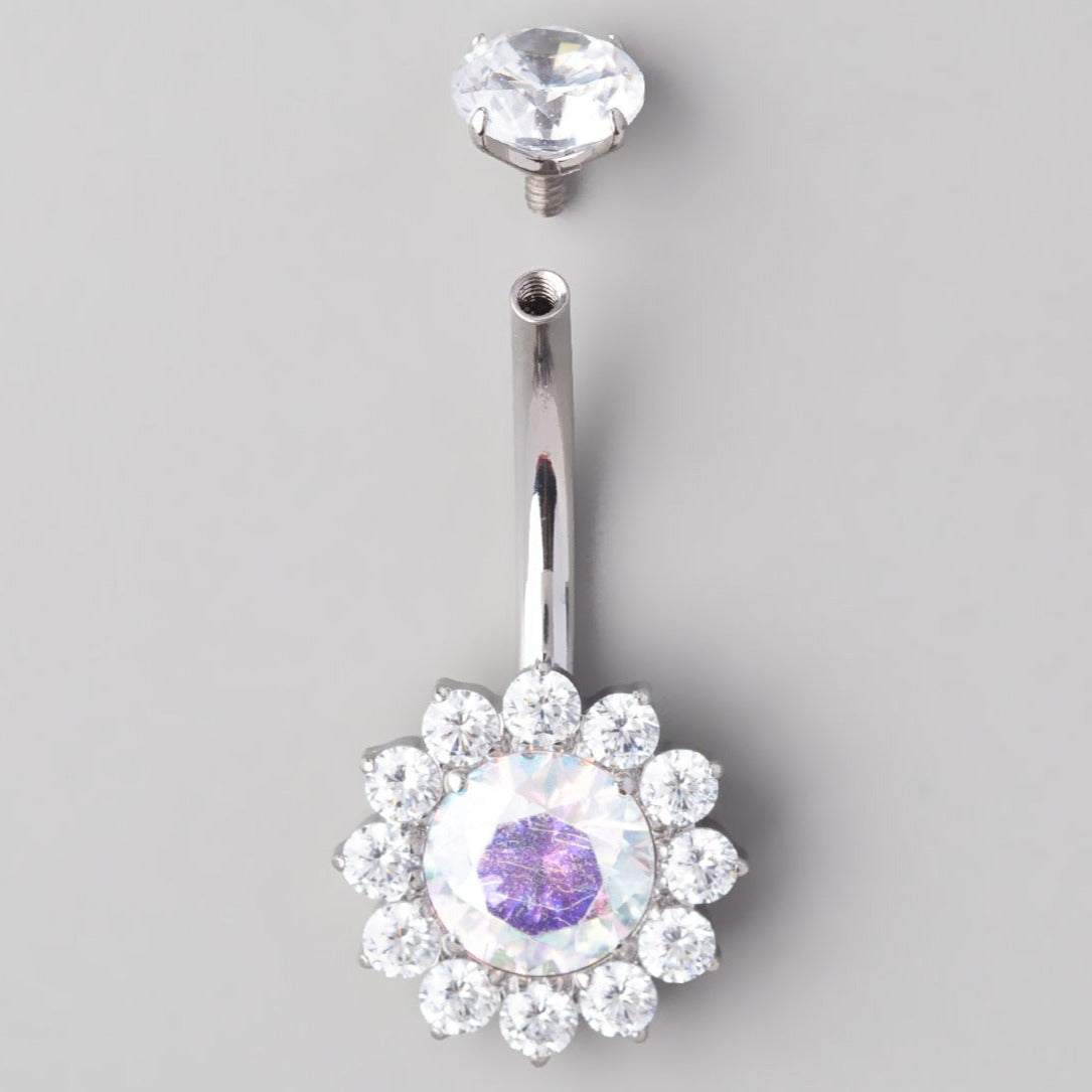 Flower Belly Bar with AB CZ Top - Titanium - Camden Body Jewellery