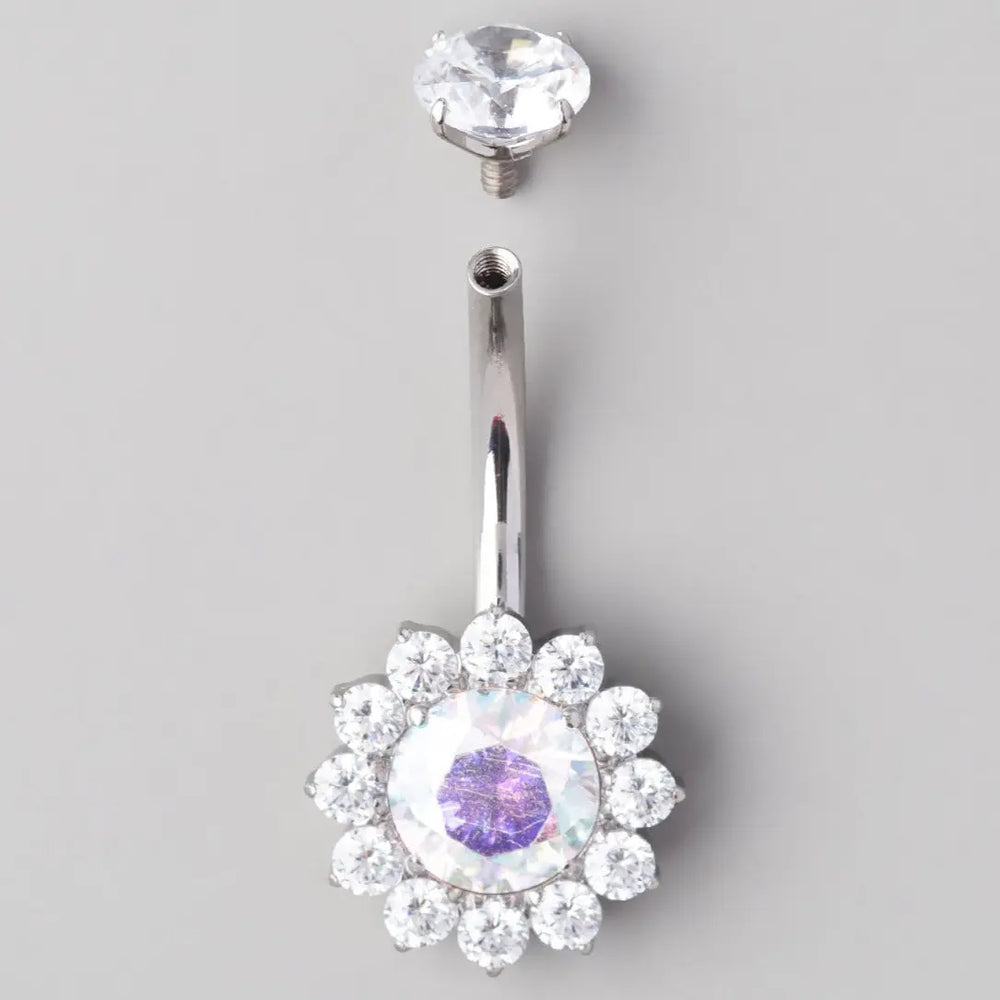 Flower Belly Bar with AB CZ Top - Titanium
