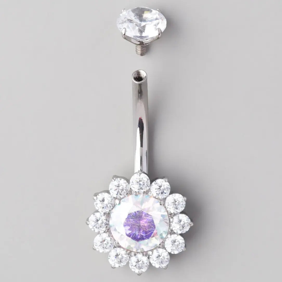Flower Belly Bar with AB CZ Top - Titanium - Camden Body Jewellery