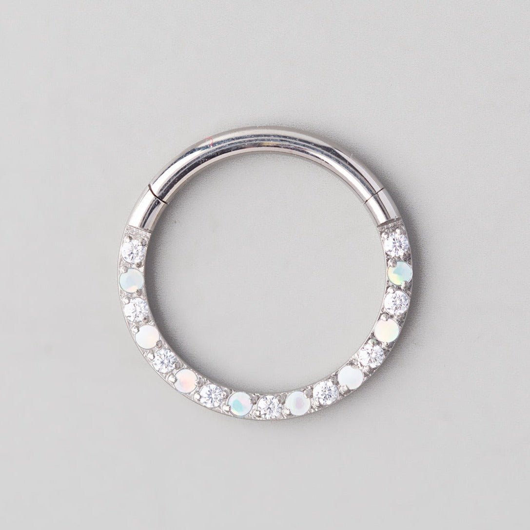 Hinged Segment Ring Front Face CZ in White Opal & Clear - Titanium - Camden Body Jewellery