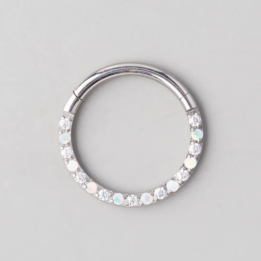 Hinged Segment Ring Front Face CZ in White Opal & Clear - Titanium - Camden Body Jewellery
