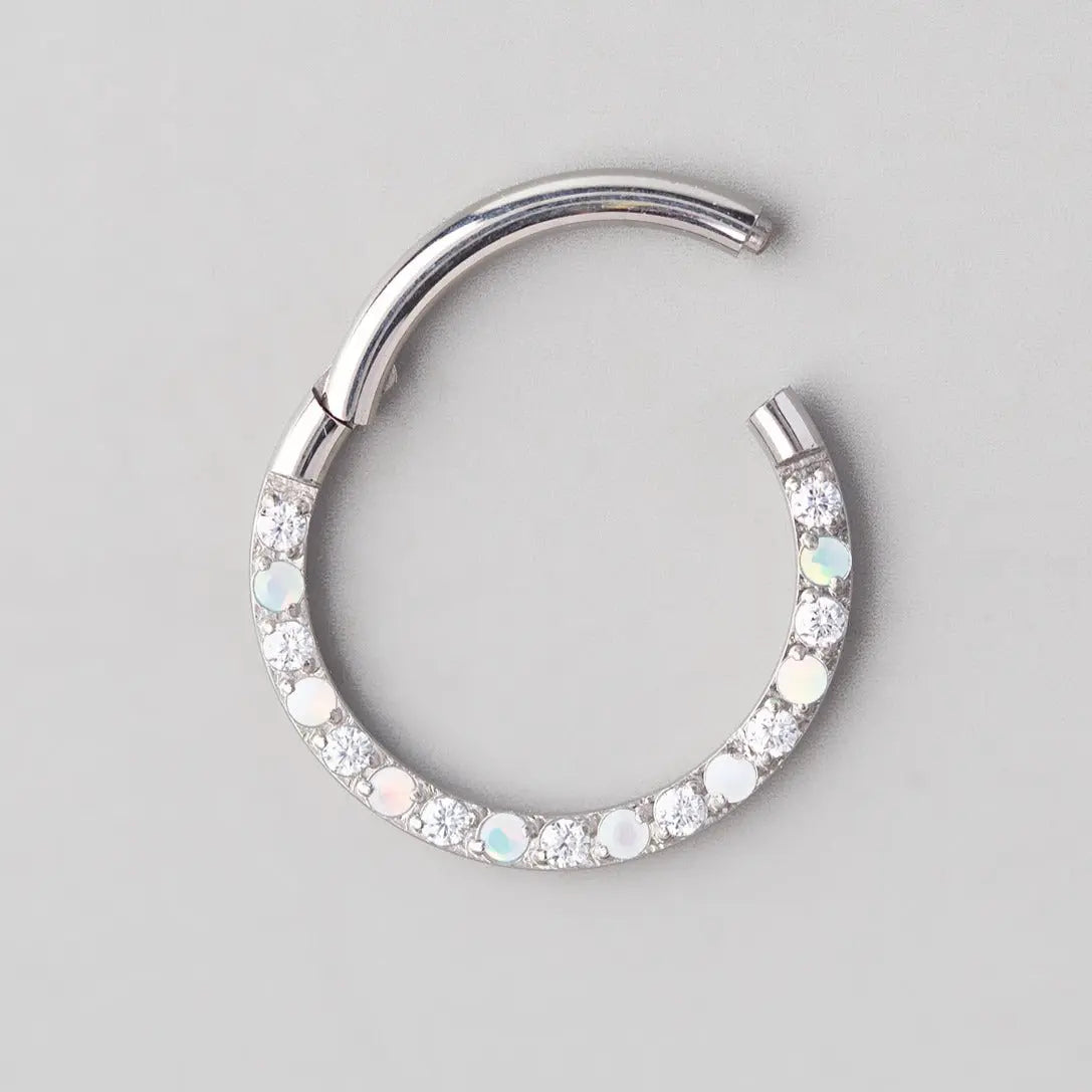 Hinged Segment Ring Front Face CZ in White Opal & Clear - Titanium - Camden Body Jewellery
