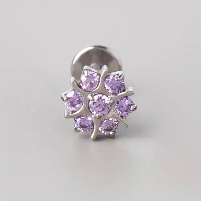 CZ Paved Flower Labret in Amethyst - Titanium