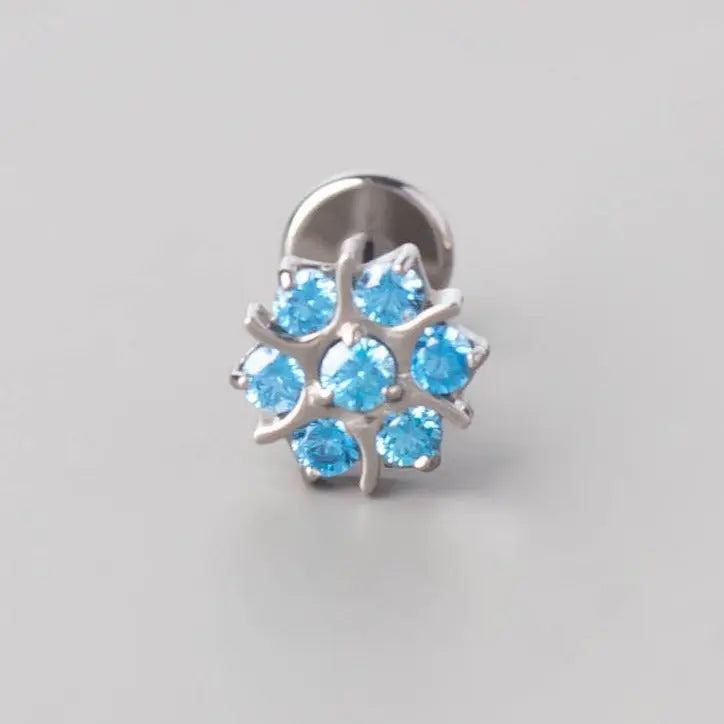 CZ Paved Flower Labret in Aqua - Titanium - Camden Body Jewellery