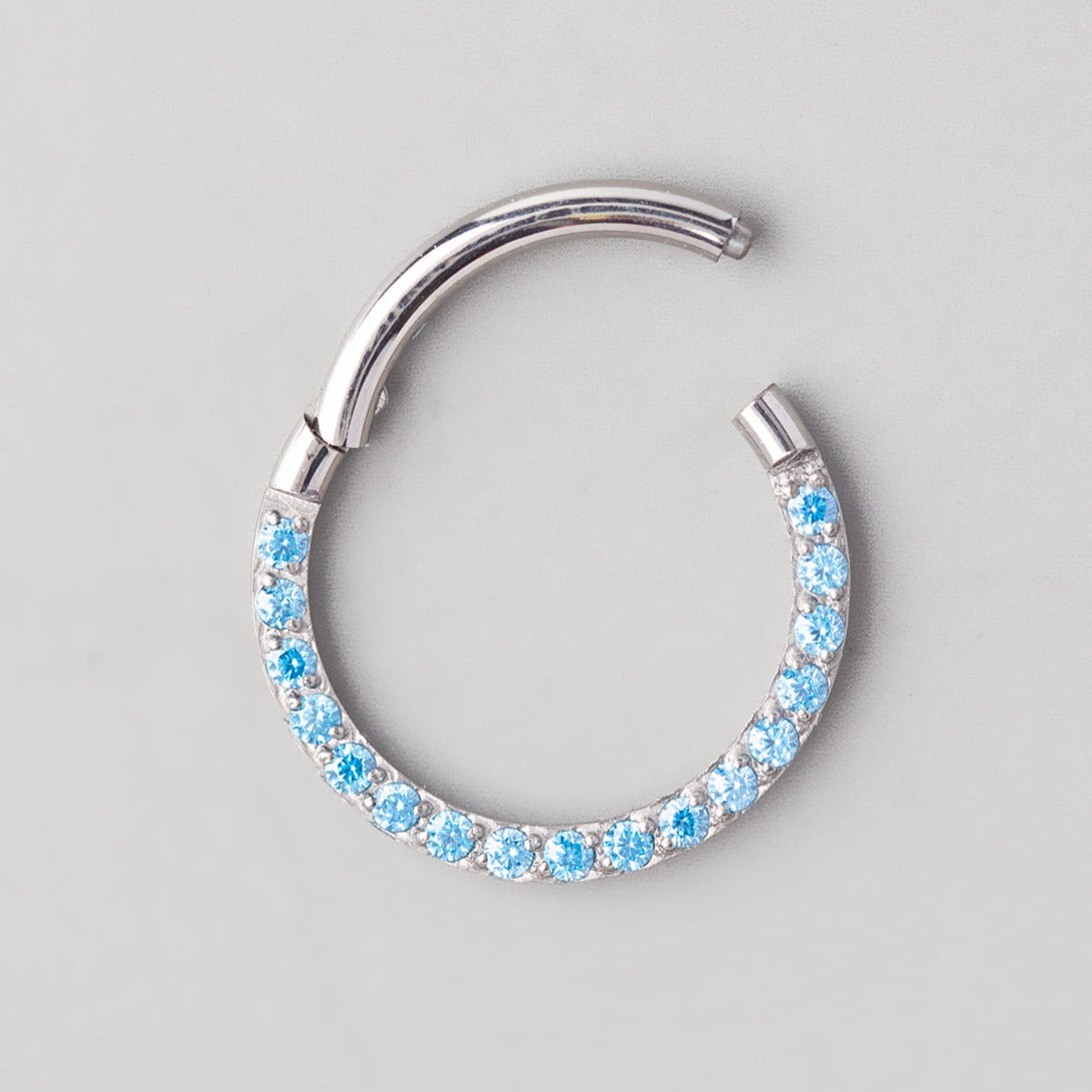 Hinged Segment Ring Front Face CZ in Aqua - Titanium - Camden Body Jewellery