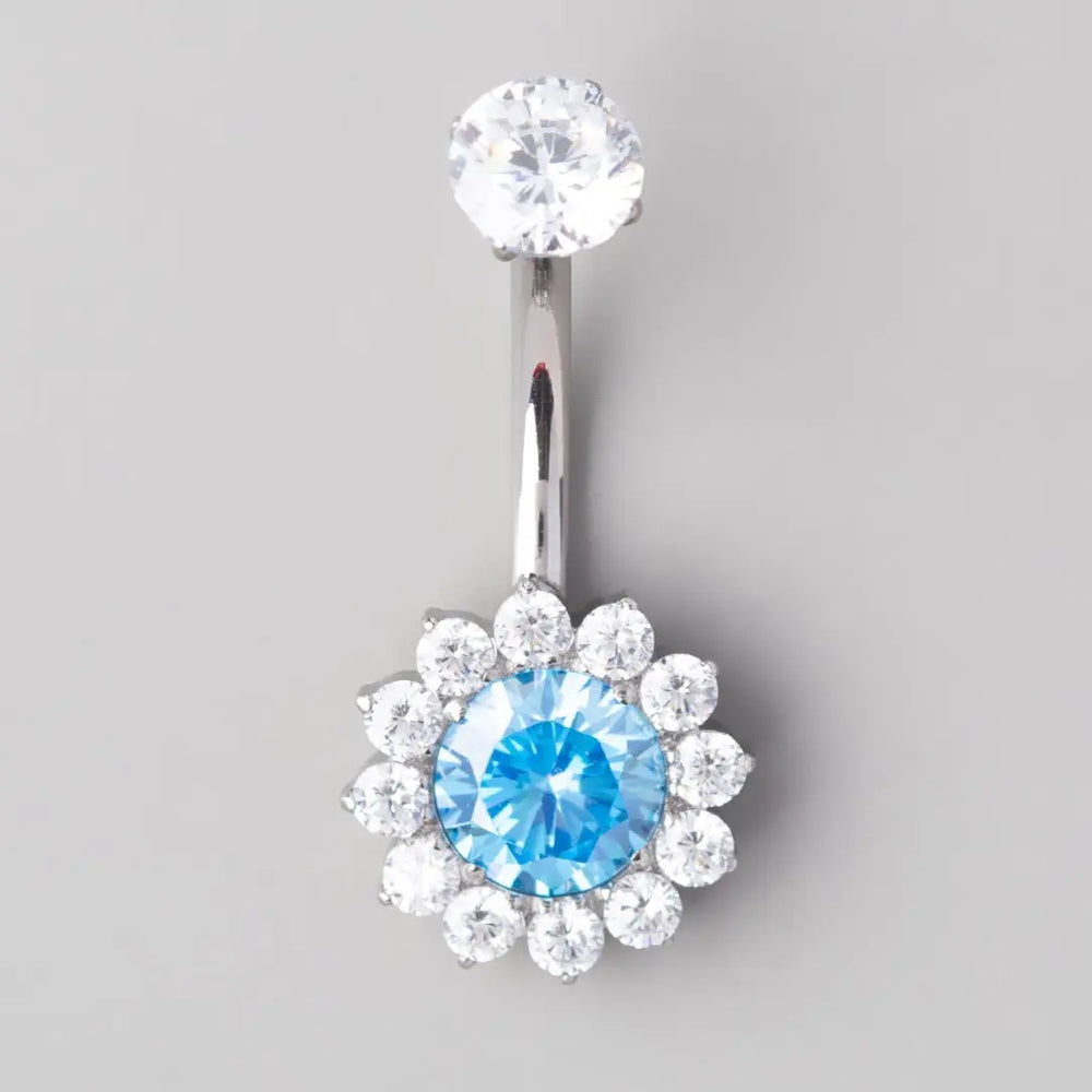 Flower Belly Bar with Aqua CZ Top - Titanium