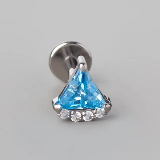 Quadruple CZ Triangle Set Labret in Aqua - Titanium - Camden Body Jewellery