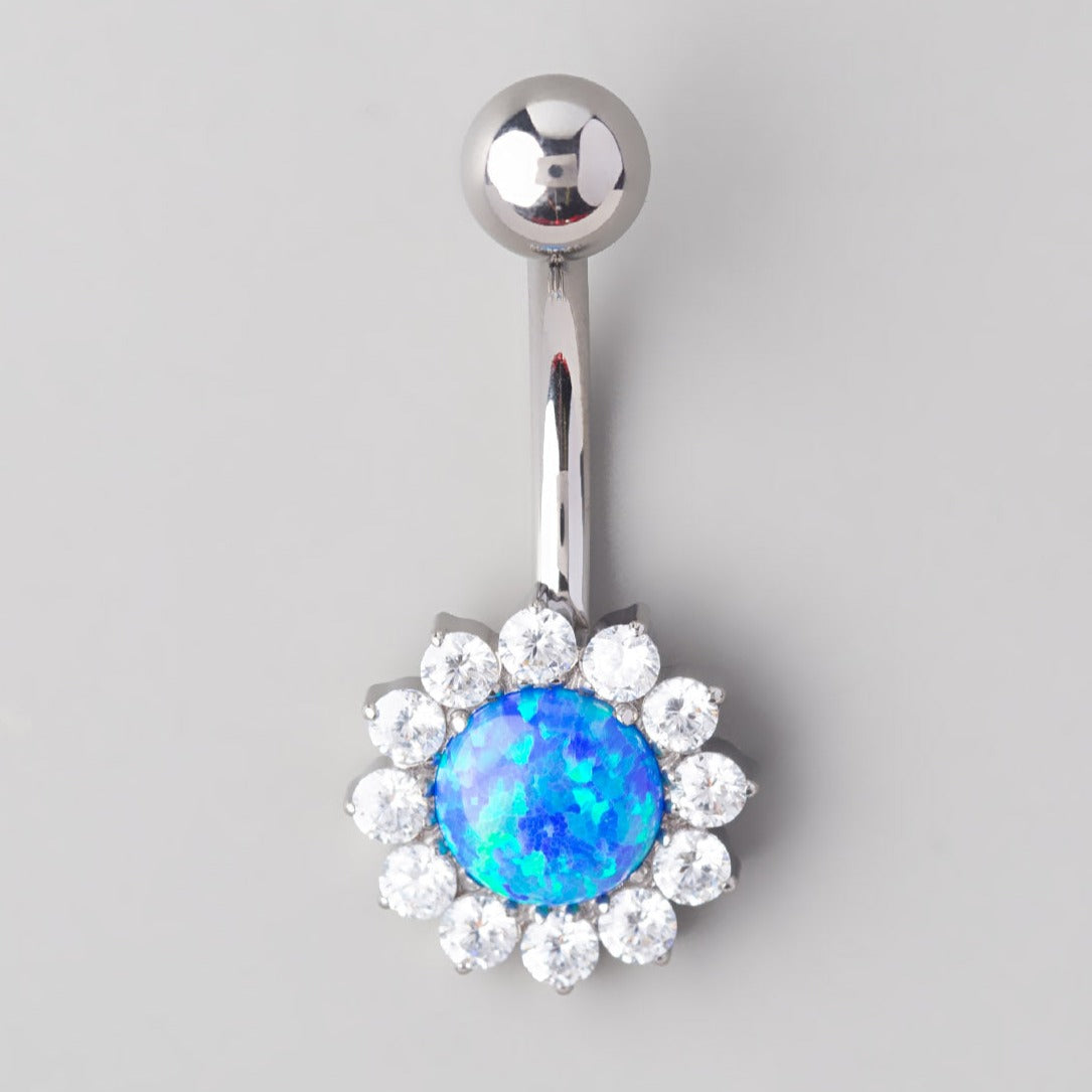 Flower Belly Bar with Blue Opal Stone Top - Titanium - Camden Body Jewellery