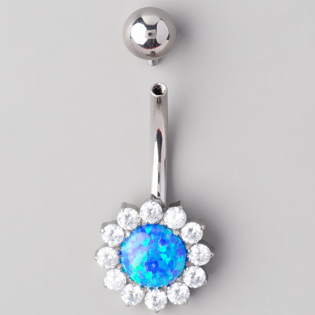 Flower Belly Bar with Blue Opal Stone Top - Titanium - Camden Body Jewellery