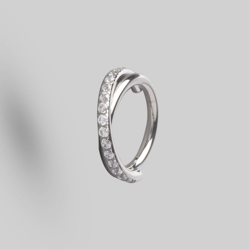 Hinged Segment Ring CZ Pave Side Twist in Silver - Titanium