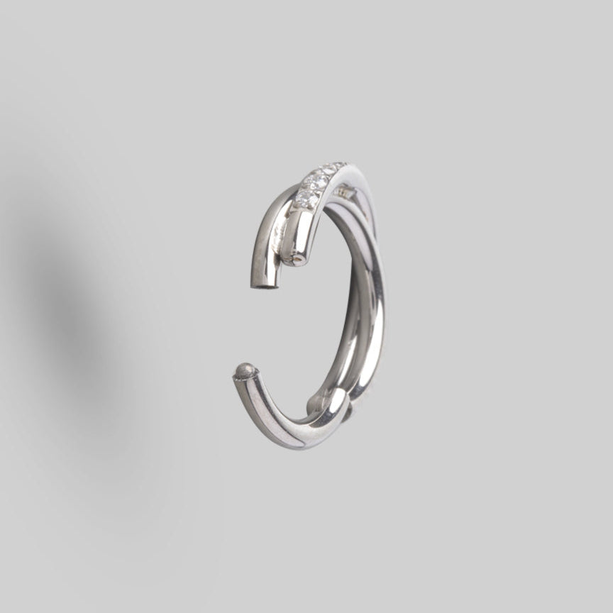 Hinged Segment Ring CZ Pave Side Twist in Silver - Titanium - Camden Body Jewellery