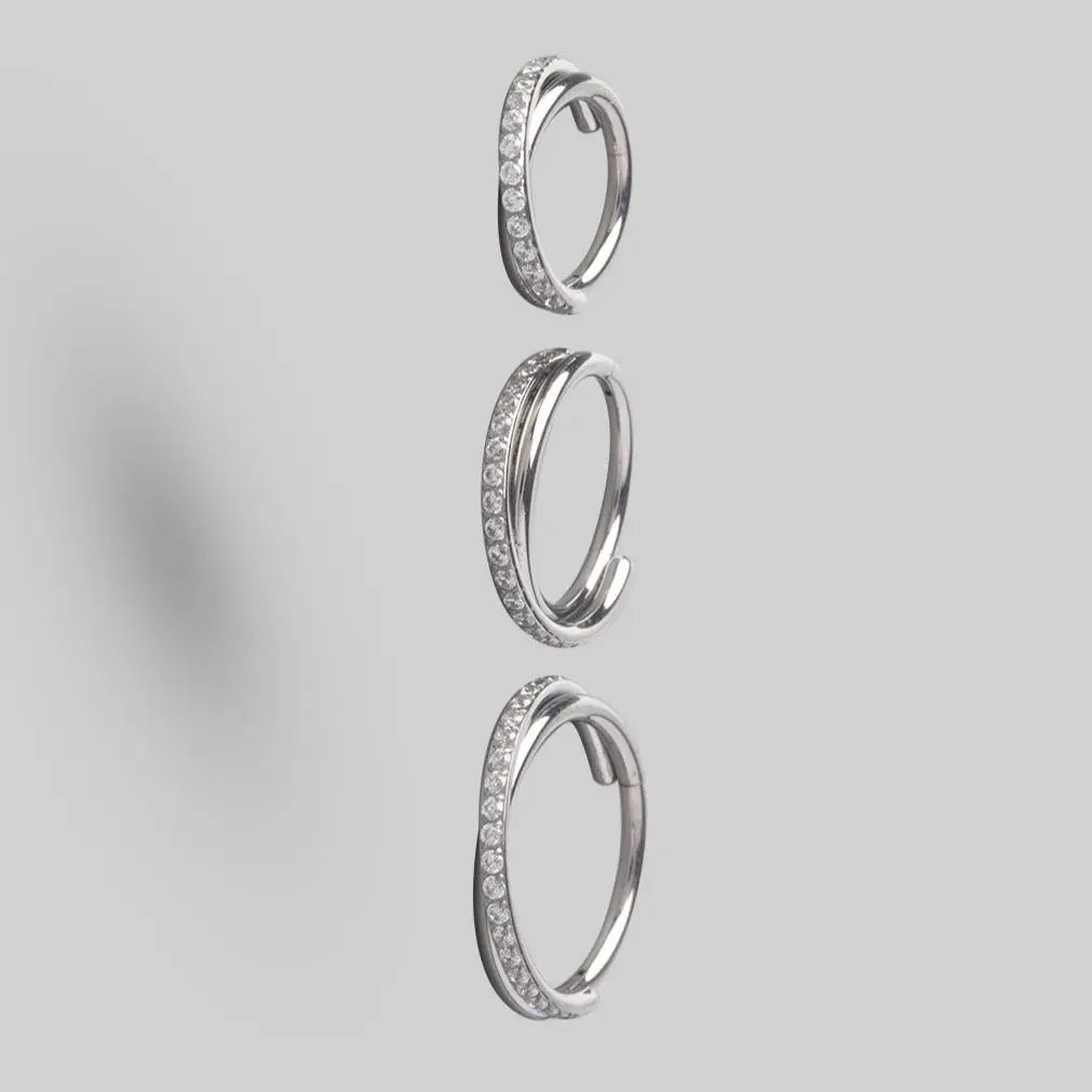 Hinged Segment Ring CZ Pave Side Twist in Silver - Titanium - Camden Body Jewellery