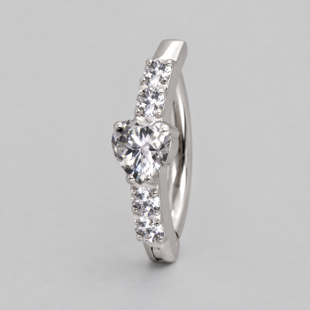 Hinged Belly Bar Full Pave Heart CZ Centre in Silver - Titanium