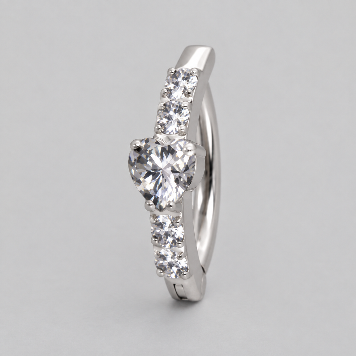 Hinged Belly Bar Full Pave Heart CZ Centre in Silver - Titanium - Camden Body Jewellery