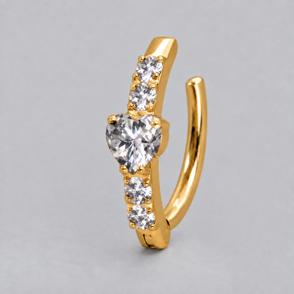 Hinged Belly Bar Full Pave Heart CZ Centre in Gold - Titanium