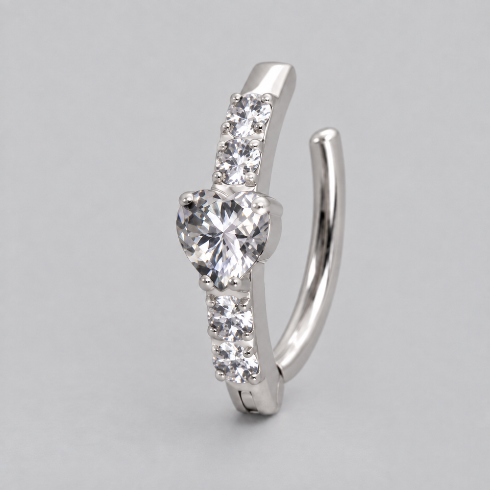 Hinged Belly Bar Full Pave Heart CZ Centre in Silver - Titanium