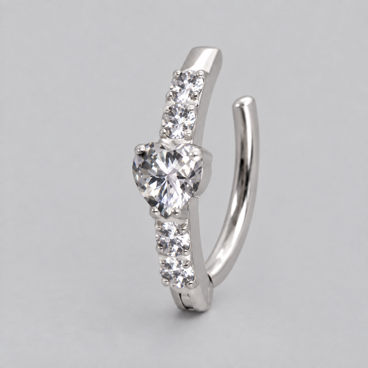 Hinged Belly Bar Full Pave Heart CZ Centre in Silver - Titanium - Camden Body Jewellery