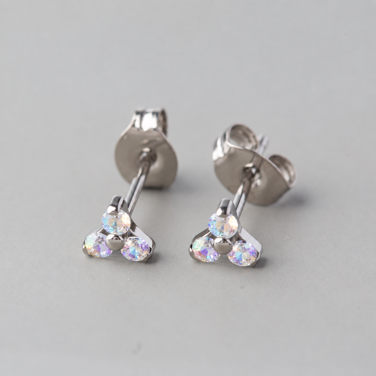 Triple Blaze AB CZ Stud Earrings in Silver - Titanium - Camden Body Jewellery