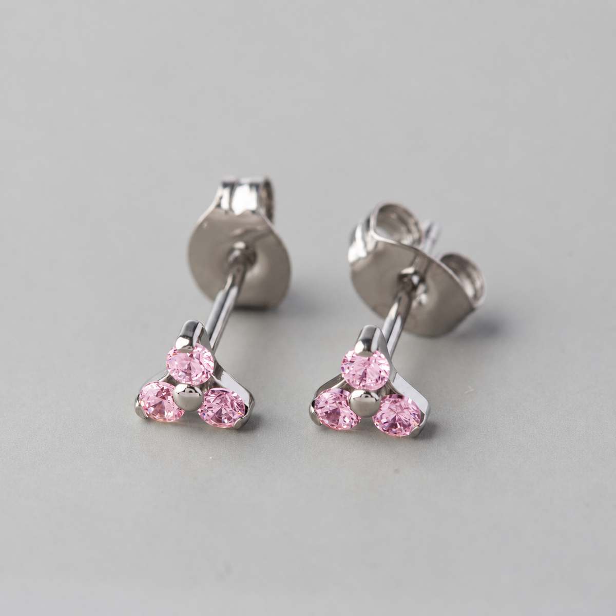 Triple Blaze Pink CZ Stud Earrings in Silver - Titanium - Camden Body Jewellery