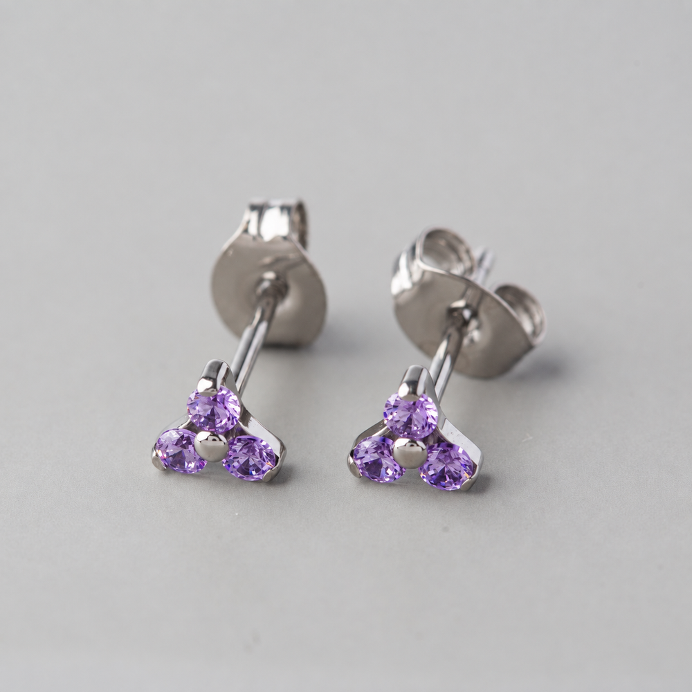 Triple Blaze Purple CZ Stud Earrings in Silver - Titanium