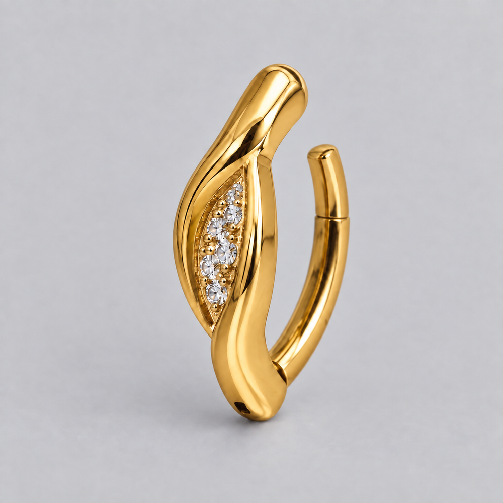 Hinged Belly Bar Leaf CZ Centre in Gold - Titanium