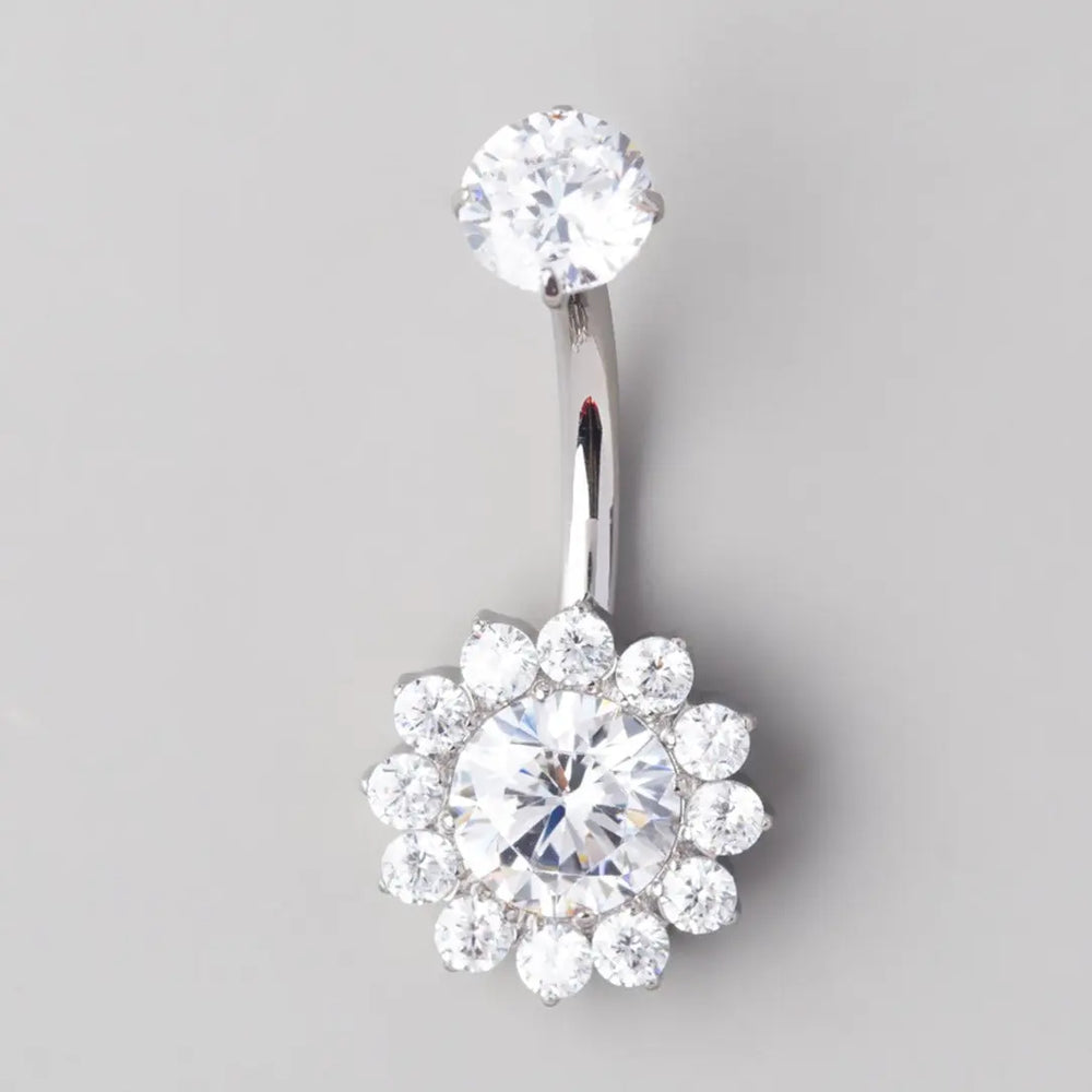 Flower Belly Bar with Clear CZ Top - Titanium