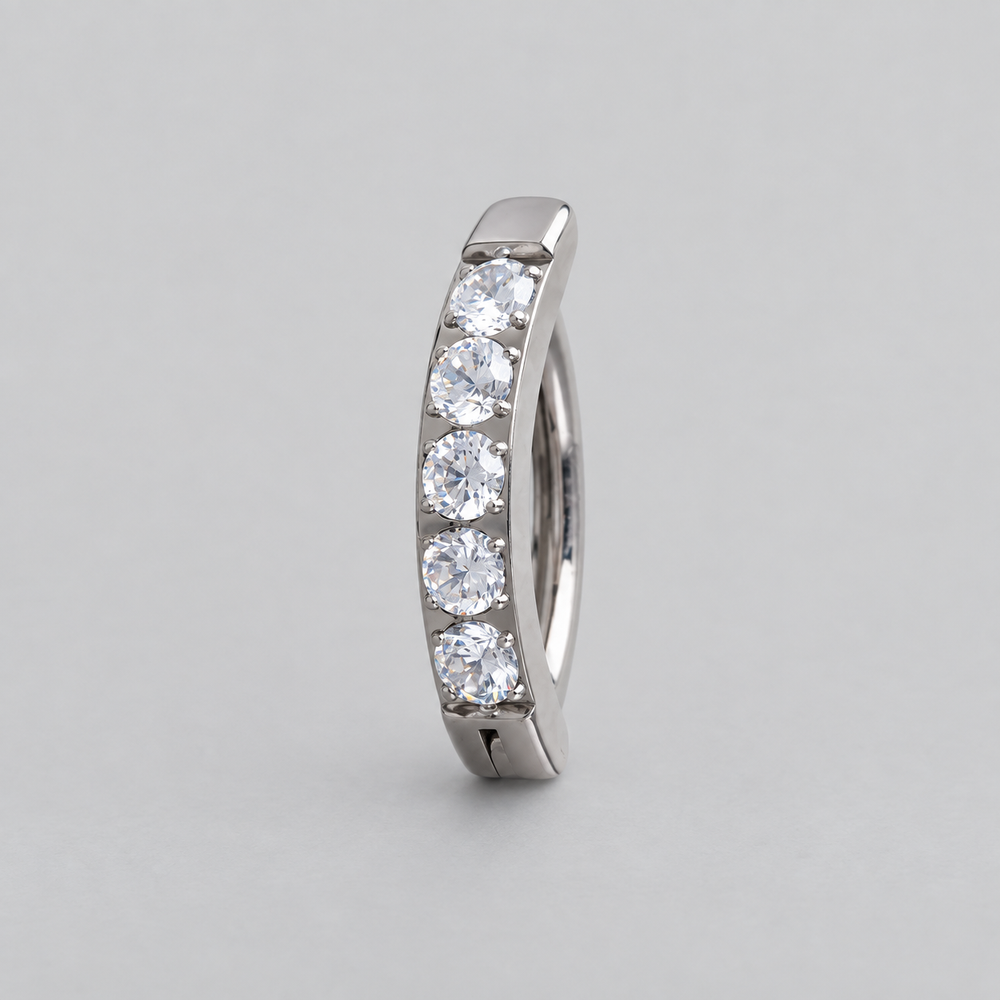 Hinged Belly Bar 5 CZ Pave in Silver - Titanium