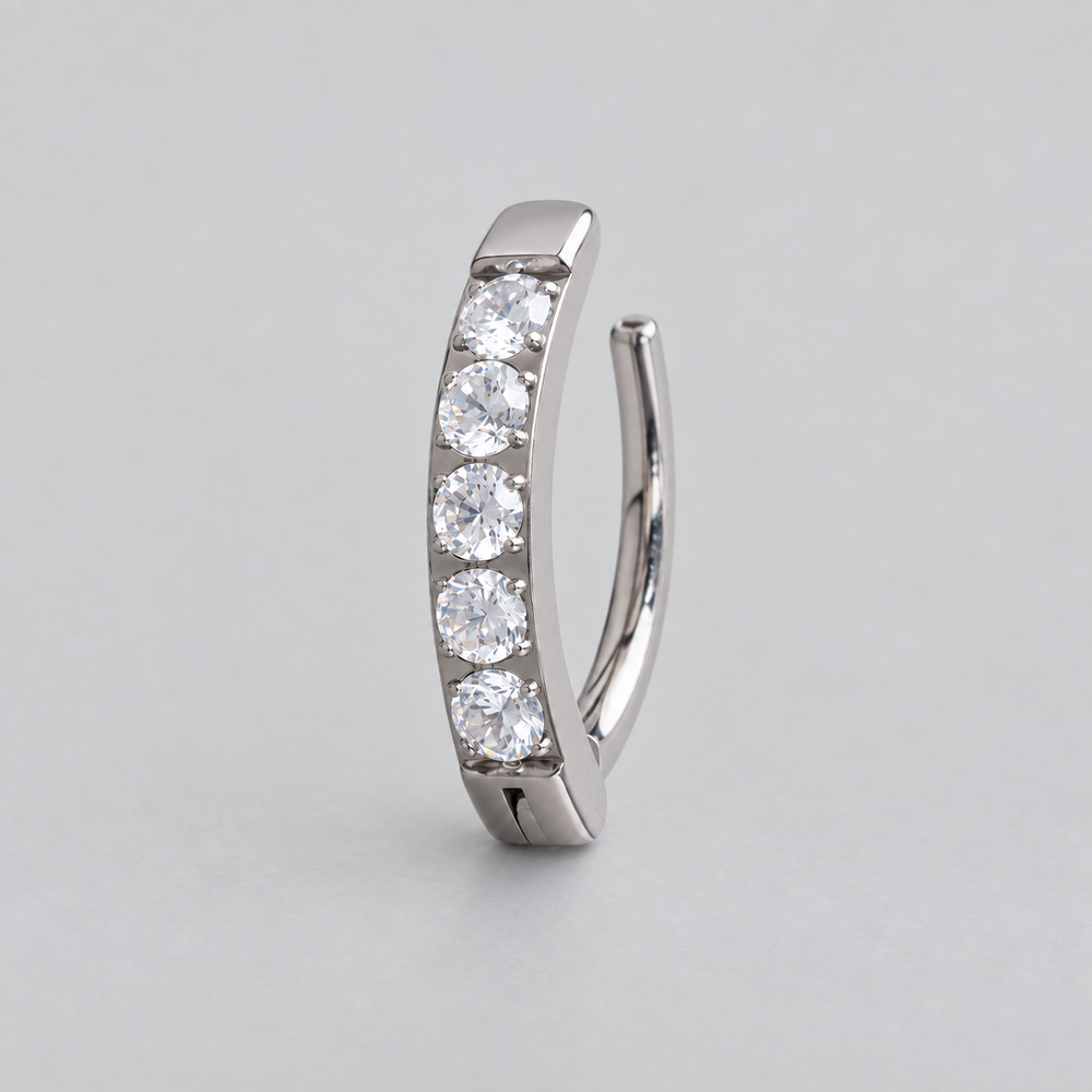 Hinged Belly Bar 5 CZ Pave in Silver - Titanium