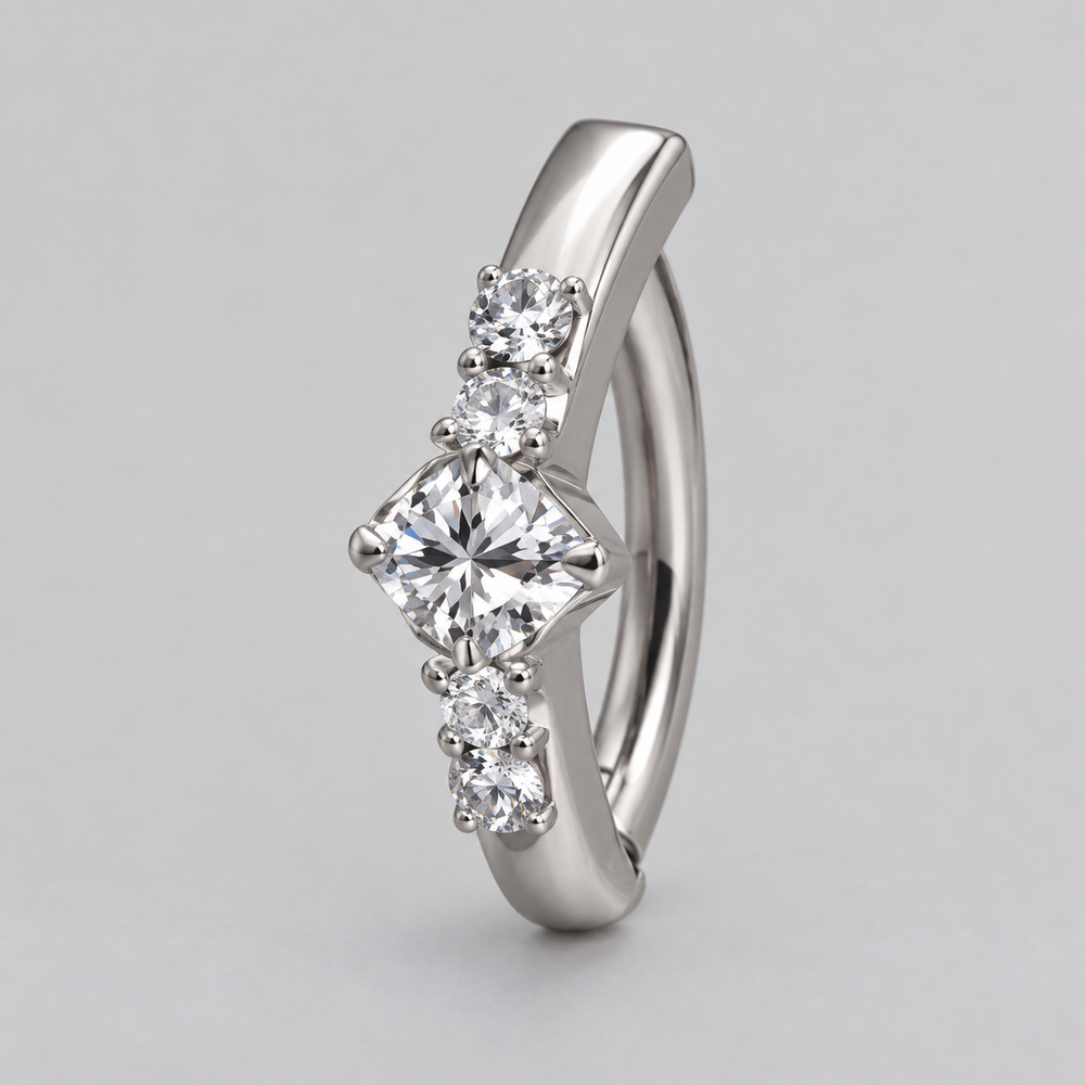 Hinged Belly Bar Square Centre CZ in Silver - Titanium