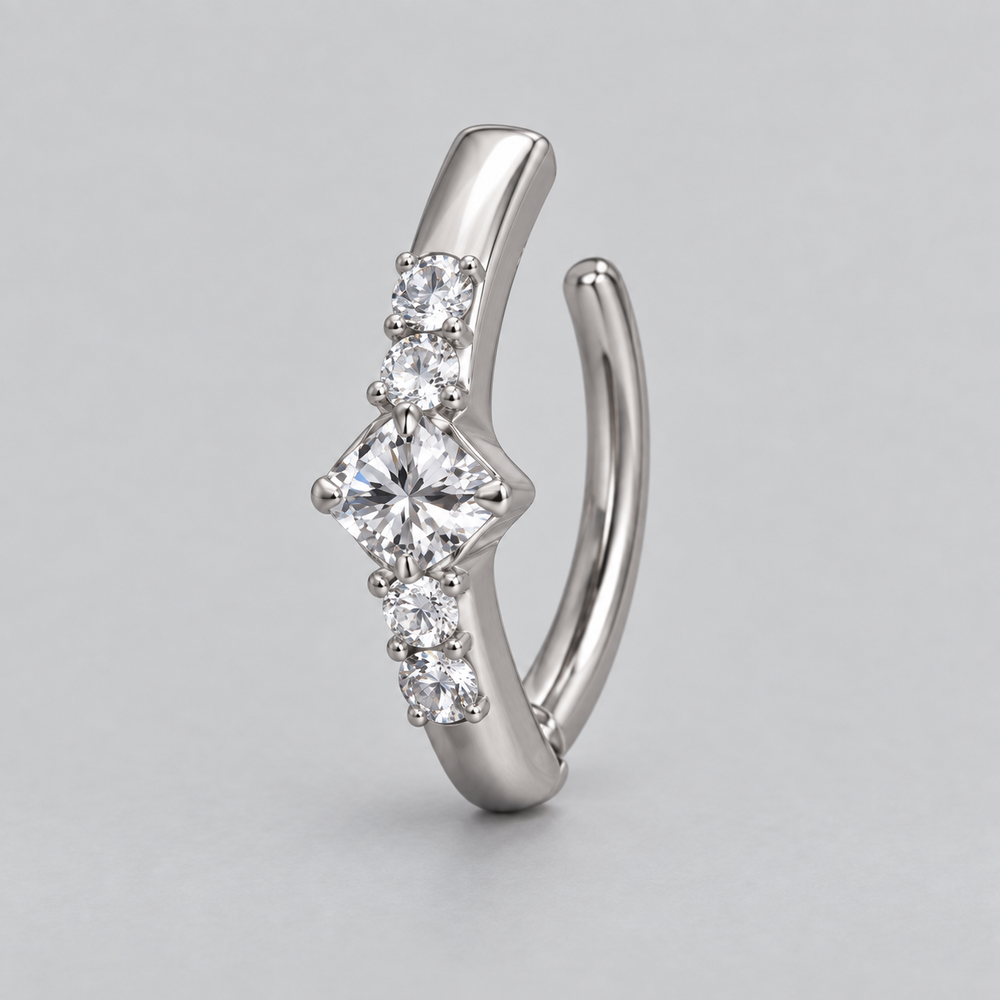 Hinged Belly Bar Square Centre CZ in Silver - Titanium