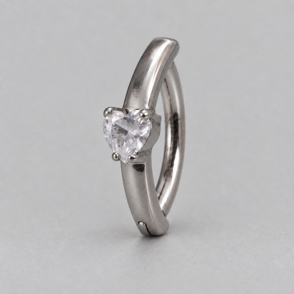 Hinged Belly Bar Heart CZ Centre in Silver - Titanium