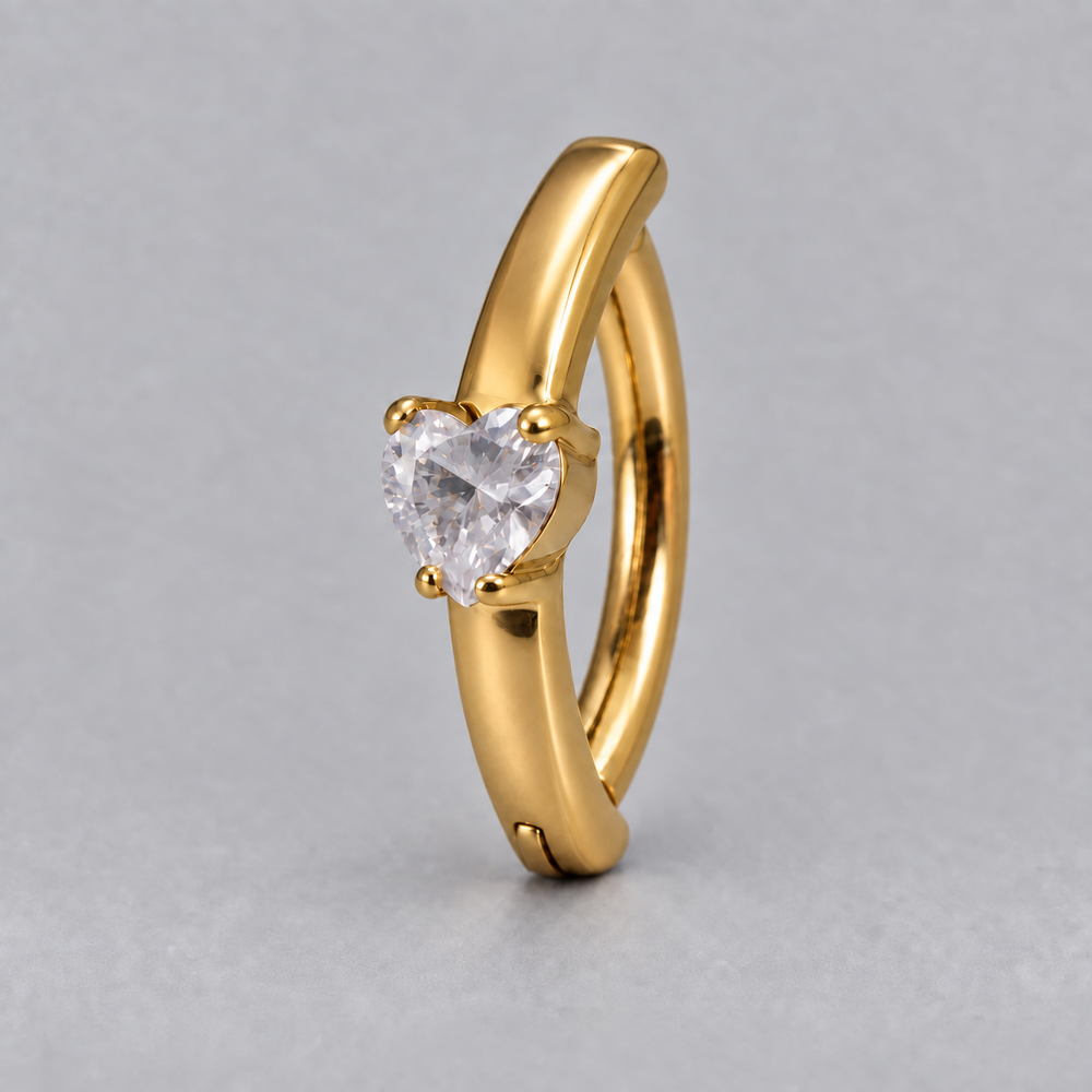 Hinged Belly Bar Heart CZ Centre in Gold - Titanium