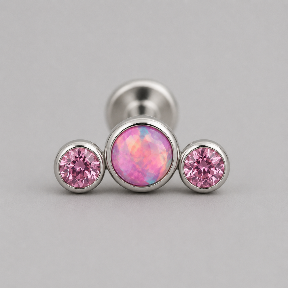 Triple Curved Pink Opal + Rose Pink CZ Gem Labret - Titanium