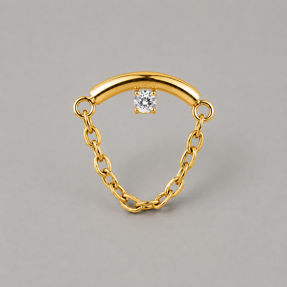 Curved Bar Round CZ Chain Dangle in Gold - Titanium