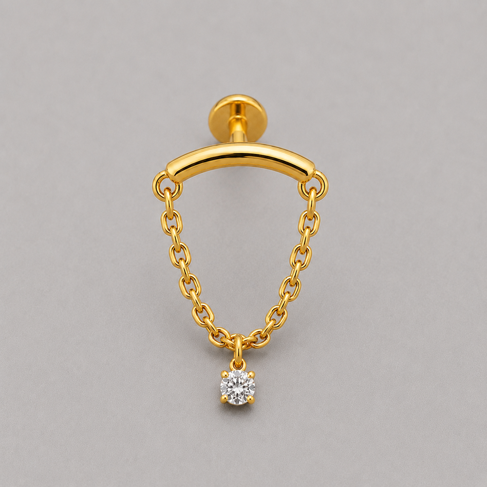 Curved Bar Chain Dangle Round CZ Labret in Gold - Titanium