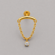 Curved Bar Chain Dangle Round CZ Labret in Gold - Titanium - Camden Body Jewellery