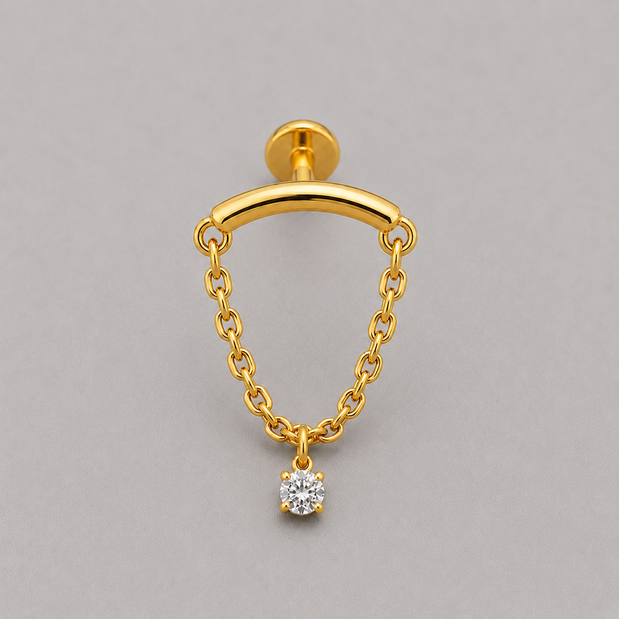 Curved Bar Chain Dangle Round CZ Labret in Gold - Titanium - Camden Body Jewellery